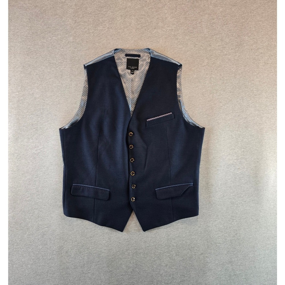 Ted Baker SATWAI Waistcoat Men 7 44R Navy Blue Micro Dot Formal Suit Vest